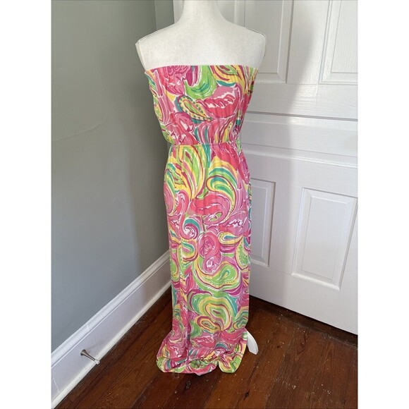 Lilly Pulitzer Marlisa All Nighter Tropical Jersey Strapless Maxi Dress sz XS - Picture 3 of 4
